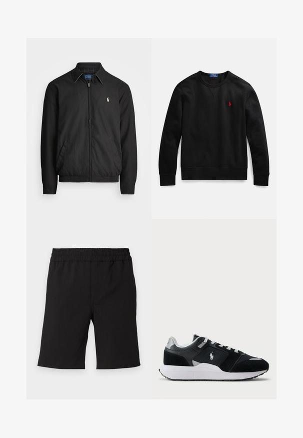Black bomber jacket made of smooth material featuring a zip front, elastic cuffs, side pockets, and a small embroidered logo on the chest.; Black crewneck sweatshirt made from cotton material, featuring a small red logo on the left chest, and ribbed cuffs and hem.; Black shorts made of comfortable fabric with an elastic waistband. Simple design, straight cut, suitable for casual wear.; Black and white low-top sneaker with mesh and suede upper, white laces, white sole, and a polo player logo on the side.