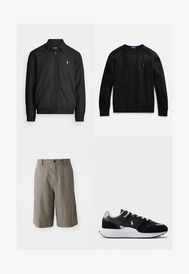 Svart bomberjakke laget av glatt materiale med glidelås foran, elastiske mansjetter, sidelommer og en liten brodert logo på brystet.; Svart crewneck-genser laget av bomullsmateriale, med en liten rød logo på venstre bryst, og ribbekantede ermer og nederkant.; Grå rutete shorts med skreddersydd design, som har knappelukking foran og to sidelommer. Laget av teksturert stoff.; Svart-hvitt low-top sneaker med mesh og semsket skinn på overdelen, hvite snørebånd, hvit såle, og en polo-spiller logo på siden.