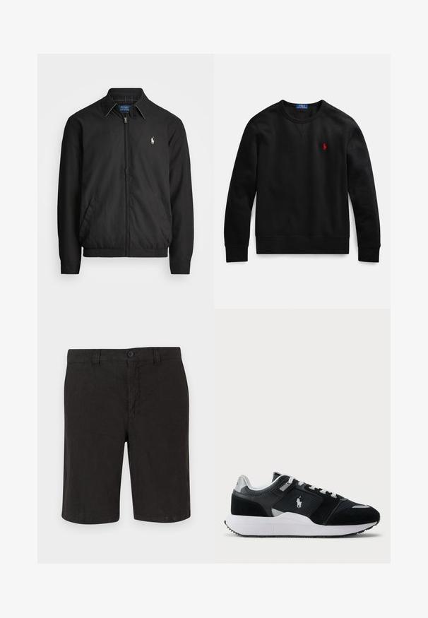 Černá bomber bunda vyrobená z hladkého materiálu, se zipem vpředu, elastickými manžetami, bočními kapsami a malým vyšitým logem na hrudi.; Černá mikina s kulatým výstřihem, vyrobená z bavlněného materiálu, s malým červeným logem na levé straně hrudi a žebrovanými manžetami a lemem.; Černé lněné šortky s uzavíráním na knoflík, plochým předním designem a rovný střih. Lehce materiál s hladkým povrchem.; Černobílé nízké tenisky s vrchní částí z síťoviny a semiše, bílé tkaničky, bílá podešev a logo póla na boku.
