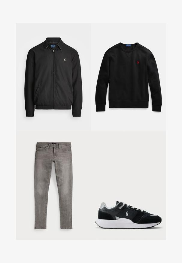 Svart bomberjacka i slätt material med dragkedja fram, elastiska ärmmuddar, sidofickor och en liten broderad logotyp på bröstet.; Svart crewneck-tröja i bomullsmaterial, med en liten röd logotyp på vänster bröst samt ribbstickade muddar och fåll.; Grå denimjeans, slim fit, med raka ben. Har klassisk femficksdesign, sömnadsdetaljer och lätt urblekt textur.; Svart och vit låg sneaker med överdel i mesh och mocka, vita snören, vit sula och en polo-spelare logo på sidan.