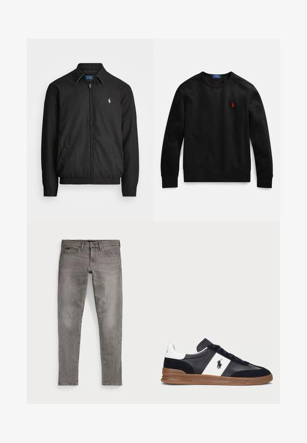 Svart bomberjakke laget av glatt materiale med glidelås foran, elastiske mansjetter, sidelommer og en liten brodert logo på brystet.; Svart crewneck-genser laget av bomullsmateriale, med en liten rød logo på venstre bryst, og ribbekantede ermer og nederkant.; Grå denimjeans, slim fit med rette ben. Har klassisk fem-lommersdesign, sømdetaljer og en lett falmet tekstur.; Svart-hvitt lavt snøre-sneaker laget av syntetisk lær med semsket skinn-detaljer, med gummisåle, snørelukking og logo-detaljering.