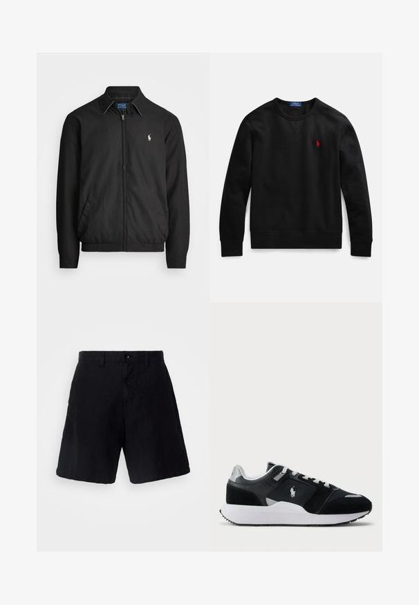 Black bomber jacket made of smooth material featuring a zip front, elastic cuffs, side pockets, and a small embroidered logo on the chest.; Black crewneck sweatshirt made from cotton material, featuring a small red logo on the left chest, and ribbed cuffs and hem.; Black shorts made of a lightweight fabric with a relaxed fit, featuring a button closure, belt loops, and side pockets.; Black and white low-top sneaker with mesh and suede upper, white laces, white sole, and a polo player logo on the side.