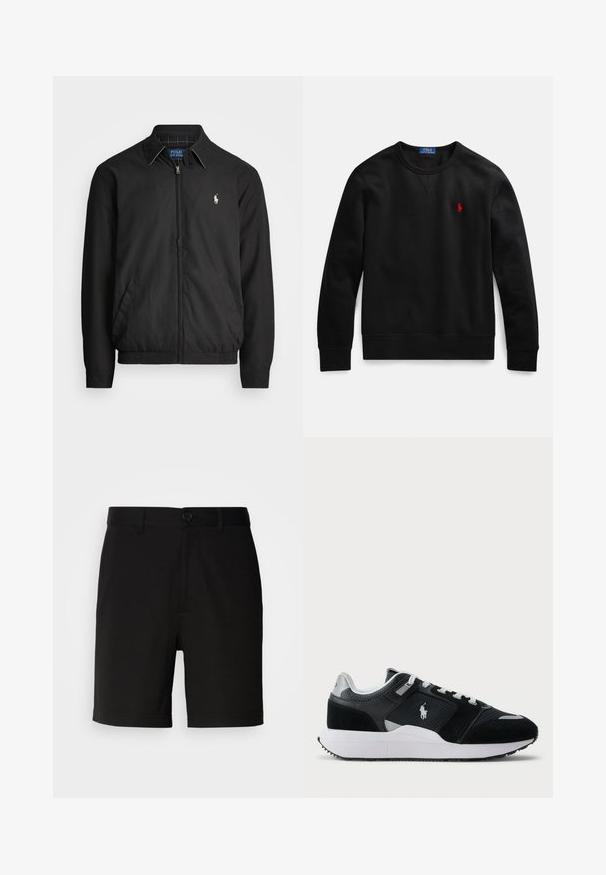 Fekete bomber dzseki sima anyagból, elülső cipzárral, rugalmas mandzsettákkal, oldalsó zsebekkel és egy kis hímzett logóval a mellen.; Fekete, pamut anyagból készült kereknyakú pulóver, bal oldali mellrészen kis piros logóval, bordázott mandzsettával és szegéllyel.; Fekete, sima anyagból készült nadrág, egy gombos záródással és övhurkokkal, egyenes szárvégekkel és látható minták nélkül.; Fekete-fehér alacsony szárú sportcipő hálós és velúr felső résszel, fehér fűzőkkel, fehér talppal, és az oldalán egy polo játékos logóval.