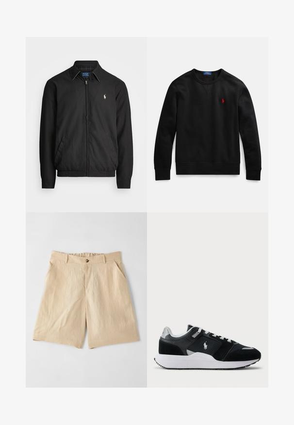 Czarna kurtka bombowiec wykonana z gładkiego materiału, z zamkiem z przodu, elastycznymi mankietami, kieszeniami bocznymi i małym haftowanym logo na klatce piersiowej.; Czarna bluza z okrągłym dekoltem wykonana z bawełny, z małym czerwonym logo na lewej piersi oraz ściągaczami na mankietach i dole.; Paul Smith - Szorty; Czarno-białe niskie trampki z siateczkowym i zamszowym wierzchem, białymi sznurówkami, białą podeszwą oraz logo zawodnika polo z boku.