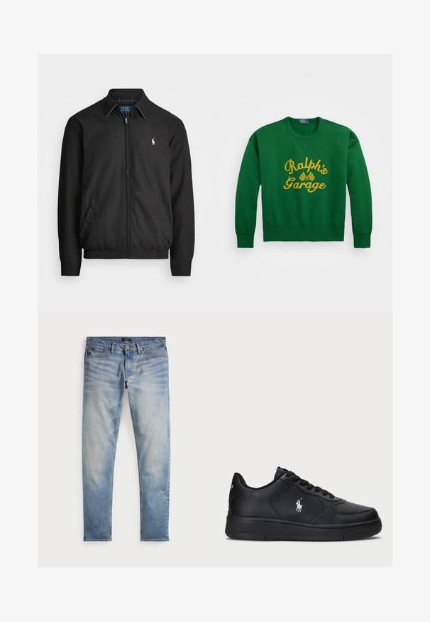 Black bomber jacket made of smooth material featuring a zip front, elastic cuffs, side pockets, and a small embroidered logo on the chest.; Green sweatshirt with a rounded neckline, featuring yellow embroidered text "Ralph’s Garage" and checkered flag details. Cotton blend material.; Light blue denim jeans with a faded finish, five-pocket design, and contrast stitching. Features a zip fly and belt loops. Straight cut.; Black leather sneakers with a perforated design, flat lace-up closure, and a white embroidered logo on the side. Thick black rubber sole.