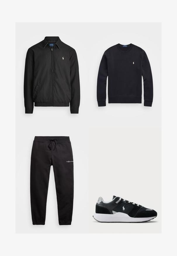 Melna bomber jaka, izgatavota no gludas auduma, ar rāvējslēdzēja priekšpusi, elastīgām piedurknēm, sānu kabatām un mazu izšūtu logotipu uz krūtīm.; Melnā kapučjakas izgatavots no kokvilnas maisījuma, ar apaļu kaklu, garām piedurknēm, ribota apakšmala un piedurkņu galiem, un ar nelielu izšūtu logo uz krūšu daļas.; Melnas sporta bikses no kokvilnas, ar elastīgu jostu un auklu, sašaurināta kāju dizains un neliels logo priekšpuses.; Melnas un baltas zemas tenisa kurpes ar acs un zamšādas augšdaļu, baltām auklām, baltu zoli un polo spēlētāja logo sānos.