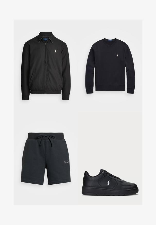 Μαύρο μπουφάν bomber από λείο υλικό με φερμουάρ μπροστά, ελαστικούς καρπούς, πλαϊνές τσέπες και μικρό κεντητό λογότυπο στο στήθος.; Μαύρο φούτερ φτιαγμένο από μείγμα βαμβακιού, με στρογγυλή λαιμόκοψη, μακρύ μανίκι, ριμπ μανσέτες και στρίφω, και μια μικρή κεντημένη λογότυπο στο στήθος.; Polo Ralph Lauren 16.5 CM RELAXED FIT LOGO FLEECE SHORT - Παντελόνι φόρμας - faded black; Μαύρα δερμάτινα αθλητικά παπούτσια με διάτρητο σχέδιο, επίπεδο κλείσιμο με κορδόνια και λευκό κεντητό λογότυπο στο πλάι. Παχύ μαύρο καουτσούκ σόλα.