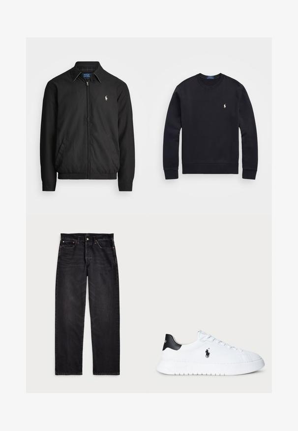 Svart bomberjakke laget av glatt materiale med glidelås foran, elastiske mansjetter, sidelommer og en liten brodert logo på brystet.; Svart hettegenser laget av bomullsmiks, med rund hals, lange ermer, ribbede mansjetter og nederkant, samt et lite brodert logo på brystet.; Svarte denimjeans med rett ben-design, med kontrastsømmer, knappestolpe og fem lommer. Teksturlignende stoff med en glatt finish.; Hvit lavt beskåret sneaker med svart hælflik og svart Polo Ralph Lauren-logo på siden, med hvite lisser og tykk gummisåle.