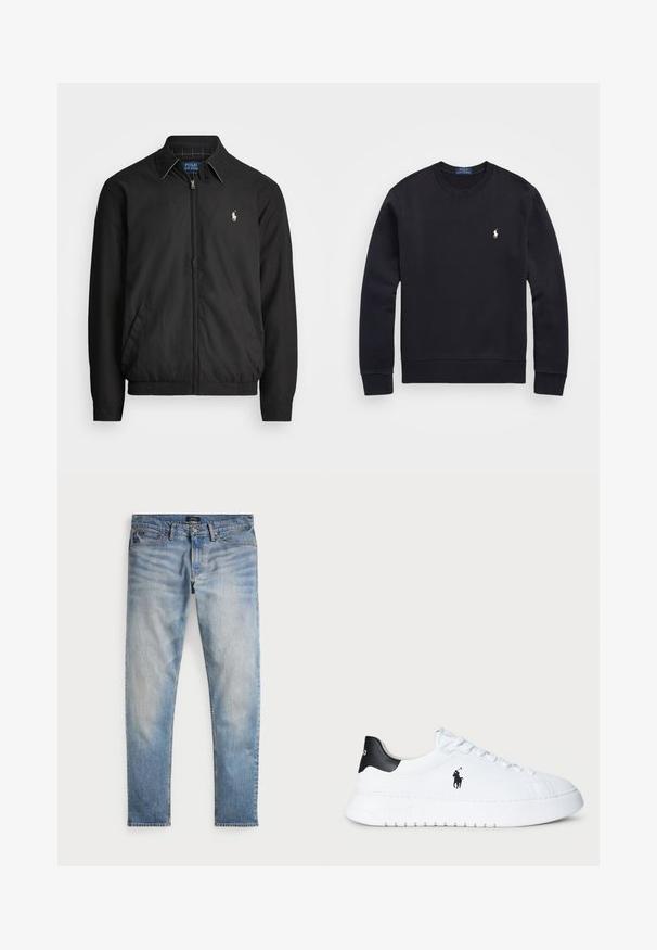Casaco bomber preto feito de material liso, com fecho éclair à frente, punhos elásticos, bolsos laterais e um pequeno logótipo bordado no peito.; Sweatshirt preto feito de mistura de algodão, com decote redondo, mangas longas, punhos e bainha canelados, apresentando um pequeno logótipo bordado no peito.; Calças de ganga azul claro com um acabamento desgastado, design de cinco bolsos e costura em contraste. Apresenta um fecho de correr e passantes para cinto. Corte reto.; Sapatilhas brancas de cano baixo com tabuleiro de calcanhar preto e logótipo da Polo Ralph Lauren em preto na lateral, apresentando atacadores brancos e sola de borracha grossa.
