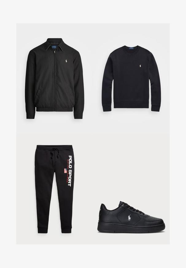 Veste bomber noire en matériau lisse, dotée d'une fermeture éclair à l'avant, de poignets élastiques, de poches latérales et d'un petit logo brodé sur la poitrine.; Sweat-shirt noir en mélange de coton, avec un col rond, des manches longues, des poignets et un ourlet côtelés, et un petit logo brodé sur la poitrine.; Polo Ralph Lauren POLO SPORT JOGGERS - Pantalon de survêtement - black/white; Baskets en cuir noir avec un design perforé, fermeture à lacets plate et logo brodé blanc sur le côté. Semelle en caoutchouc noire épaisse.