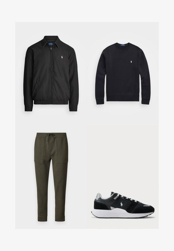 Melna bomber jaka, izgatavota no gludas auduma, ar rāvējslēdzēja priekšpusi, elastīgām piedurknēm, sānu kabatām un mazu izšūtu logotipu uz krūtīm.; Melnā kapučjakas izgatavots no kokvilnas maisījuma, ar apaļu kaklu, garām piedurknēm, ribota apakšmala un piedurkņu galiem, un ar nelielu izšūtu logo uz krūšu daļas.; Polo Ralph Lauren JOGGER ATHLETIC - Treniņtērpa apakšdaļas - alpine; Melnas un baltas zemas tenisa kurpes ar acs un zamšādas augšdaļu, baltām auklām, baltu zoli un polo spēlētāja logo sānos.