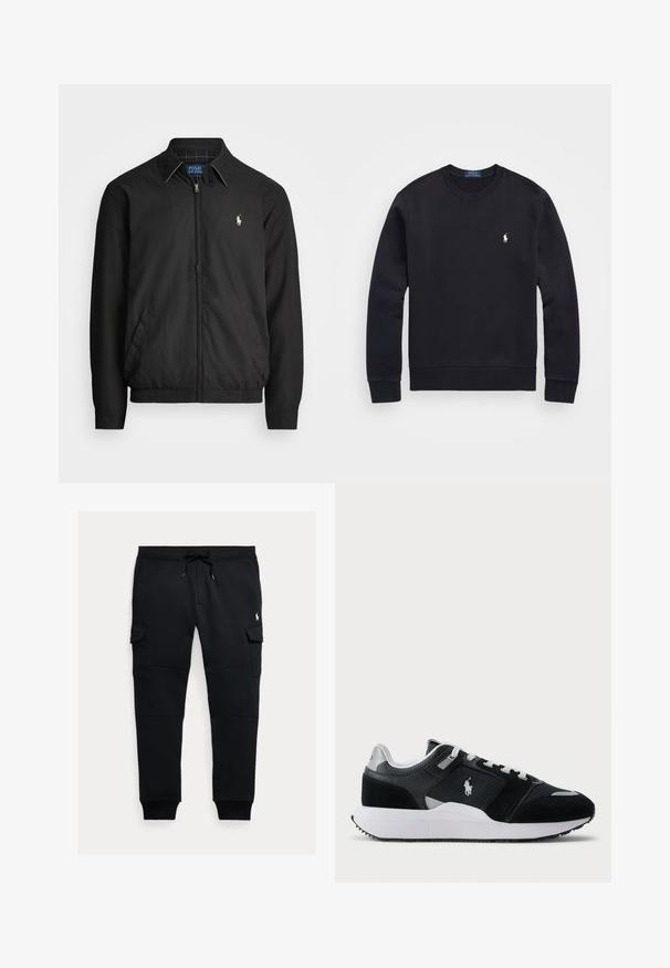 Melna bomber jaka, izgatavota no gludas auduma, ar rāvējslēdzēja priekšpusi, elastīgām piedurknēm, sānu kabatām un mazu izšūtu logotipu uz krūtīm.; Melnā kapučjakas izgatavots no kokvilnas maisījuma, ar apaļu kaklu, garām piedurknēm, ribota apakšmala un piedurkņu galiem, un ar nelielu izšūtu logo uz krūšu daļas.; Melni sporta bikses, kas izgatavotas no mīksta auduma ar mežģīņu vidukli, ar divām sānu kabatām un ribotām šūnām pie potītēm.; Melnas un baltas zemas tenisa kurpes ar acs un zamšādas augšdaļu, baltām auklām, baltu zoli un polo spēlētāja logo sānos.