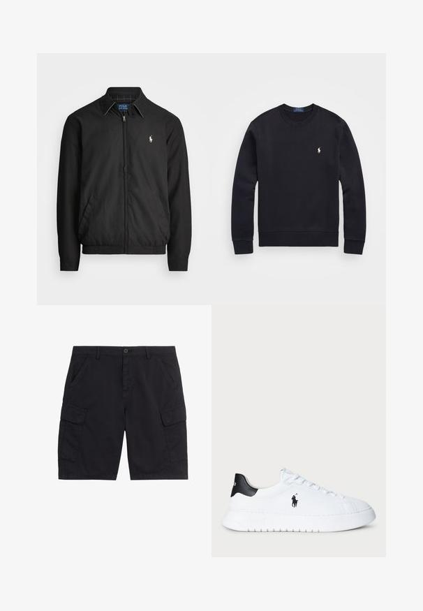 Giacca bomber nera realizzata in materiale liscio, con chiusura a zip frontale, polsini elasticizzati, tasche laterali e un piccolo logo ricamato sul petto.; Felpa nera realizzata in misto cotone, con collo rotondo, maniche lunghe, polsini e orlo a costine, dotata di un piccolo logo ricamato sul petto.; Pantaloncini cargo neri con bottone frontale e cerniera, due tasche laterali, due tasche cargo con patta e passanti per cintura.; Sneaker bassa bianca con tallone nero e logo Polo Ralph Lauren nero sul lato, dotata di lacci bianchi e suola in gomma spessa.