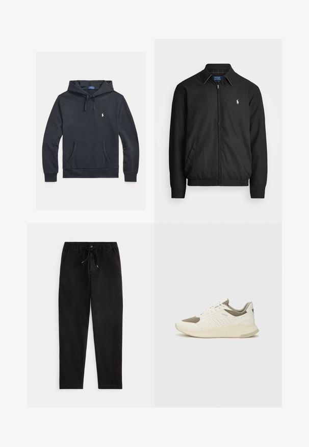 Svart bomberjakke laget av glatt materiale med glidelås foran, elastiske mansjetter, sidelommer og en liten brodert logo på brystet.; Marineblå bomullshettegenser med frontlomme, justerbar snor, ribbestrikkede mansjetter og en liten hvit logo på brystet.; Svart bukser i en avslappet stil med elastisk midje, snøring, frontlås og sidelommer, presentert mot en enkel bakgrunn.; Hvit og lysebeige treningssko, med en mesh-overdel, perforerte detaljer og en teksturert mellomsåle med merkevare på hælen.
