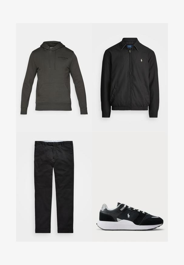 Čierna bomber bunda vyrobená z hladkého materiálu s predným zipsom, elastickými manžetami, bočnými vreckami a malým vyšívaným logom na hrudi.; Tmavo šedý mikina s predným vreckom v štýle kengury, kapucňou a šnúrkami. Obsahuje predné logo v čiernej farbe, vyrobené z mäkkého materiálu.; Čierne chinos nohavice so strihom rovného nohavicu, vyrobené z bavlnenej zmesi, s bočným zipom, pútkami na opasok a bočnými vreckami. Hladká textúra.; Čierno-biele nízke tenisky s vrchnou časťou z jemnej sieťoviny a semišu, bielymi šnúrkami, bielou podrážkou a logom jazdca na boku.