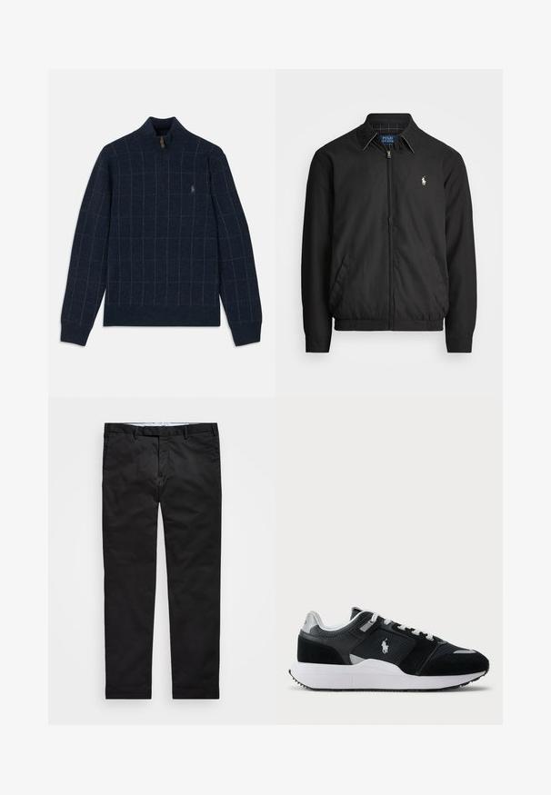 Svart bomberjakke laget av glatt materiale med glidelås foran, elastiske mansjetter, sidelommer og en liten brodert logo på brystet.; Navy genser med glidelås krage, med et rutenettmønster i lys grønn og brun. Myk tekstur med ribbestrikkede mansjetter og nederkant, logo detalj på brystet.; Sorte chinos med rett ben, laget av bomullsblanding, med glidelås, beltehemper og sidelommer. Glatt tekstur.; Svart-hvitt low-top sneaker med mesh og semsket skinn på overdelen, hvite snørebånd, hvit såle, og en polo-spiller logo på siden.
