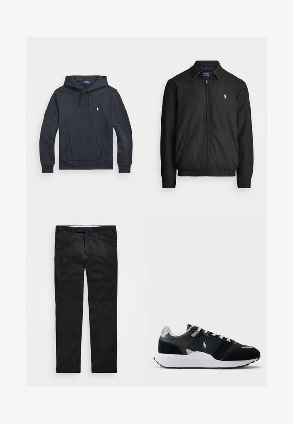 Črna bomberska jakna iz gladkega materiala z zadrgo spredaj, elastičnimi manšetami, stranskimi žepi in majhno vezeno oznako na prsih.; Temno modra kapuca iz mehkega blaga, z sprednjim žepom, kapuco na vrvi in majhnim belim emblemom polo na prsih.; Črne chinos hlače s ravnimi nogavicami, narejene iz bombažne mešanice, z zadrgo, pasom za pas in stranskimi žepi. Gladka tekstura.; Črno-bela nizka superga z zgornjim delom iz mrežice in usnja, belimi vezalkami, belo podplatom in logotipom igralca polo na strani.