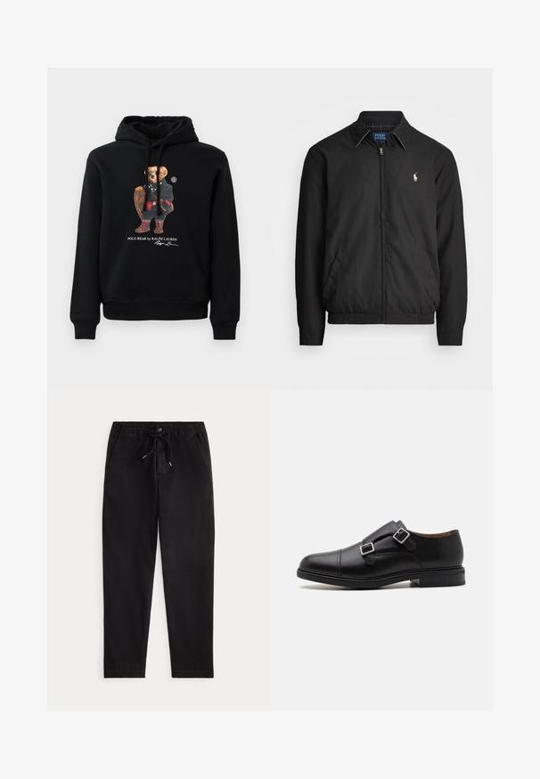 Casaco bomber preto feito de material liso, com fecho éclair à frente, punhos elásticos, bolsos laterais e um pequeno logótipo bordado no peito.; Sweatshirt preto com um urso a usar óculos de sol, um casaco, botas e a segurar uma raquete de madeira, com o texto "Polo Bear by Ralph Lauren" abaixo.; Calças casuais pretas com cintura elástica, cordão de ajuste, botão frontal e bolsos laterais, exibidas sobre um fundo simples.; Sapata de couro preto com fecho de fivela dupla, biqueira arredondada, costura subtil e sola de borracha texturada e plana.