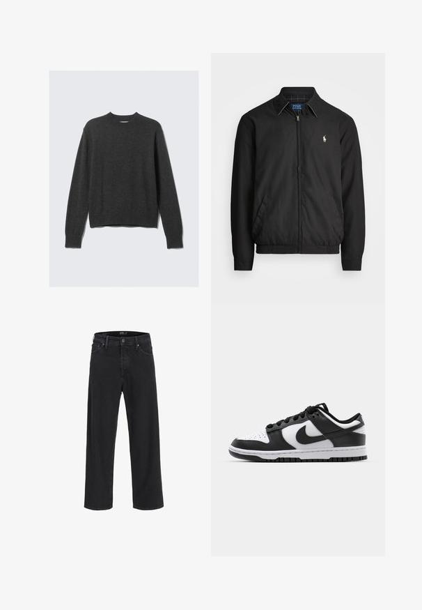 Black bomber jacket made of smooth material featuring a zip front, elastic cuffs, side pockets, and a small embroidered logo on the chest.; Dark gray knitted sweater with a round neckline, ribbed cuffs, and hem. The fabric has a smooth texture and features a relaxed fit design.; Black denim wide-leg jeans with a high waist, featuring front pockets, a zip fly, and a button closure. Smooth texture and classic design.; Black and white Nike Dunk sneakers featuring a leather upper, perforated toe, black laces, and a black rubber sole with tread design.