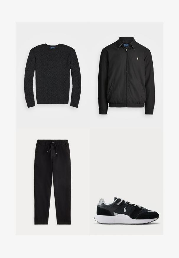 Casaco bomber preto feito de material liso, com fecho éclair à frente, punhos elásticos, bolsos laterais e um pequeno logótipo bordado no peito.; Suéter de malha canelada cinza escuro com mangas longas, gola redonda e punhos e bainha canelados. Feito de um tecido texturizado para proporcionar calor.; Calças casuais pretas com cintura elástica, cordão de ajuste, botão frontal e bolsos laterais, exibidas sobre um fundo simples.; Sapatilha baixa em preto e branco com parte superior em malha e camurça, atacadores brancos, sola branca e um logo de jogador de polo na lateral.