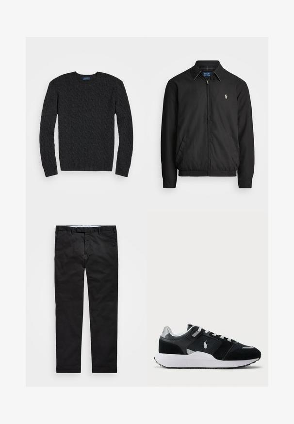 Melna bomber jaka, izgatavota no gludas auduma, ar rāvējslēdzēja priekšpusi, elastīgām piedurknēm, sānu kabatām un mazu izšūtu logotipu uz krūtīm.; Tumši pelēks adīts džemperis ar garām piedurknēm, apaļu kaklu un ribinātām piedurknēm un apakšmalu. Izgatavots no strukturēta auduma, kas nodrošina siltumu.; Melnas chinos bikses ar taisnu kāju piegriezumu, izgatavotas no kokvilnas maisījuma auduma, piedāvā rāvējslēdzēja aizdari, jostas cilpas un sānu kabatas. Gluda tekstūra.; Melnas un baltas zemas tenisa kurpes ar acs un zamšādas augšdaļu, baltām auklām, baltu zoli un polo spēlētāja logo sānos.