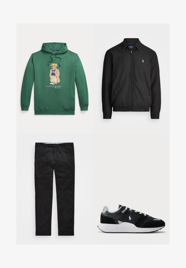 Casaco bomber preto feito de material liso, com fecho éclair à frente, punhos elásticos, bolsos laterais e um pequeno logótipo bordado no peito.; Sweatshirt verde com capuz, apresentando uma gráfica central de um urso vestido. Material em mistura de algodão, com punhos e detalhe da barra em malha. ; Chinos pretos com um corte reto, feitos de tecido em mistura de algodão, apresentando fecho de zíper, passantes para cinto e bolsos laterais. Textura suave.; Sapatilha baixa em preto e branco com parte superior em malha e camurça, atacadores brancos, sola branca e um logo de jogador de polo na lateral.