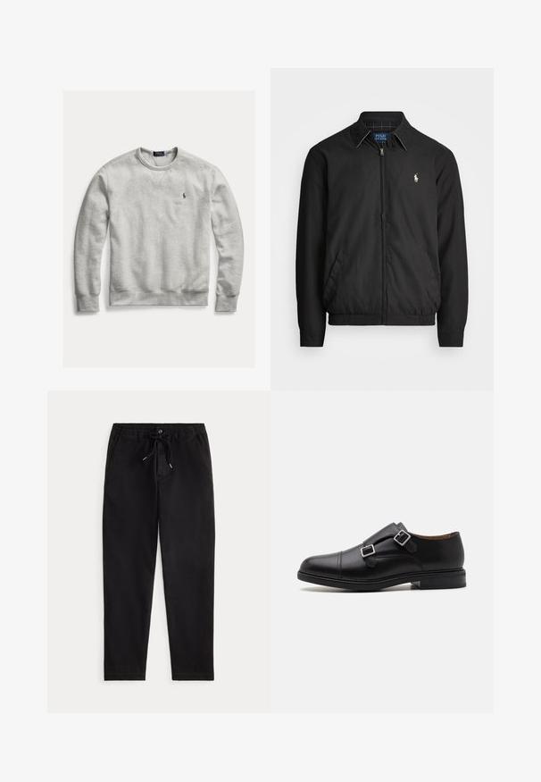 Svart bomberjakke laget av glatt materiale med glidelås foran, elastiske mansjetter, sidelommer og en liten brodert logo på brystet.; Lys grå bomullSweatshirt med rund hals, ribbestrikkede mansjetter og nederdel. Har en liten brodert logo på brystet. Struktur: myk.; Svart bukser i en avslappet stil med elastisk midje, snøring, frontlås og sidelommer, presentert mot en enkel bakgrunn.; Sorte lærdressko med dobbel spenne, rund tå, subtil søm, og en flat, teksturert gummisåle.
