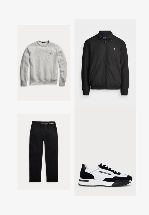 Casaco bomber preto feito de material liso, com fecho éclair à frente, punhos elásticos, bolsos laterais e um pequeno logótipo bordado no peito.; Sweatshirt de algodão cinza claro com decote redondo, punhos e bainha canelados. Apresenta um pequeno logótipo bordado no peito. Textura: suave.; Calças pretas feitas de um tecido leve, com uma cintura elástica com um cinto verde integrado, corte reto e bolsos laterais.; Ténis com um cabedal em camurça preta e pele branca, apresentando uma sola em borracha preta, atacadores brancos e um logo "POLO SPORT" na lateral.