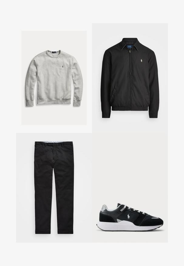 Chaqueta bomber negra hecha de material suave con cierre de cremallera en el frente, puños elásticos, bolsillos laterales y un pequeño logo bordado en el pecho.; Sudadera de algodón gris claro con cuello redondo, puños y dobladillo acanalados. Presenta un pequeño logotipo bordado en el pecho. Textura: suave.; Pantalones chinos negros con un corte recto, hechos de una mezcla de algodón, que cuentan con cremallera, lazos para cinturón y bolsillos laterales. Textura suave.; Zapatilla baja en blanco y negro con parte superior de malla y ante, cordones blancos, suela blanca y un logo de jugador de polo en el costado.