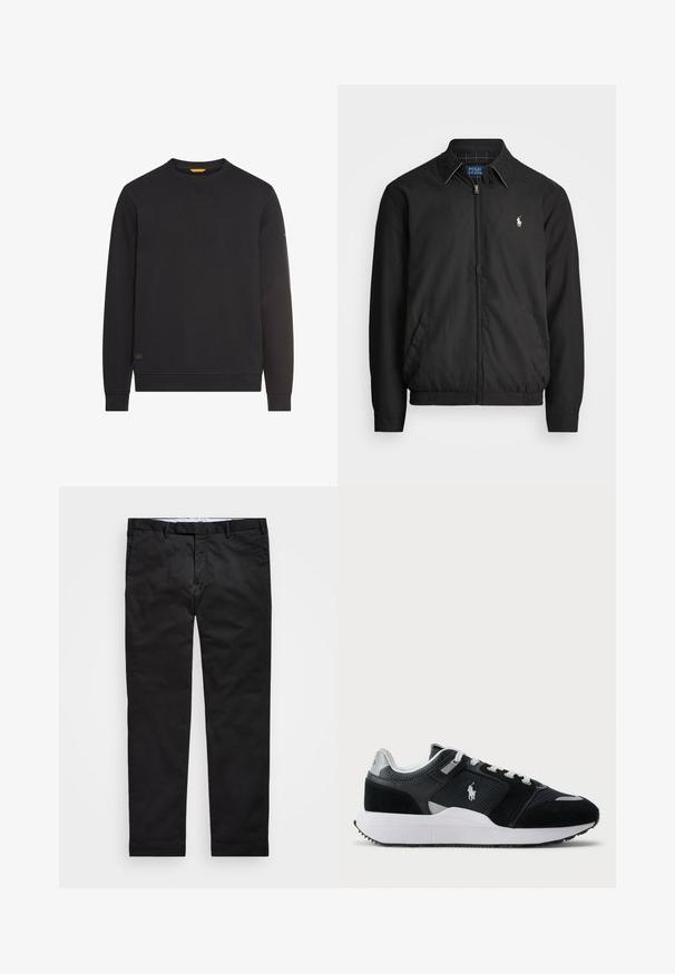 Sort bomberjakke lavet af glat materiale med lynlåslukning foran, elastiske manchetter, sidelommer og et lille broderet logo på brystet.; Sort crewneck sweatshirt med lange ærmer, ribbede manchetter og kant, lille logo-patch nær kanten og diskret logo på venstre ærme.; Sorte chinos med lige ben, lavet af en bomuldsblandingsstof, med lynlås i gylpen, bæltestropper og sidelommer. Glat tekstur.; Sort og hvid lav-top sneakers med mesh og suede overdel, hvide snørebånd, hvid sål og en polo spiller logo på siden.