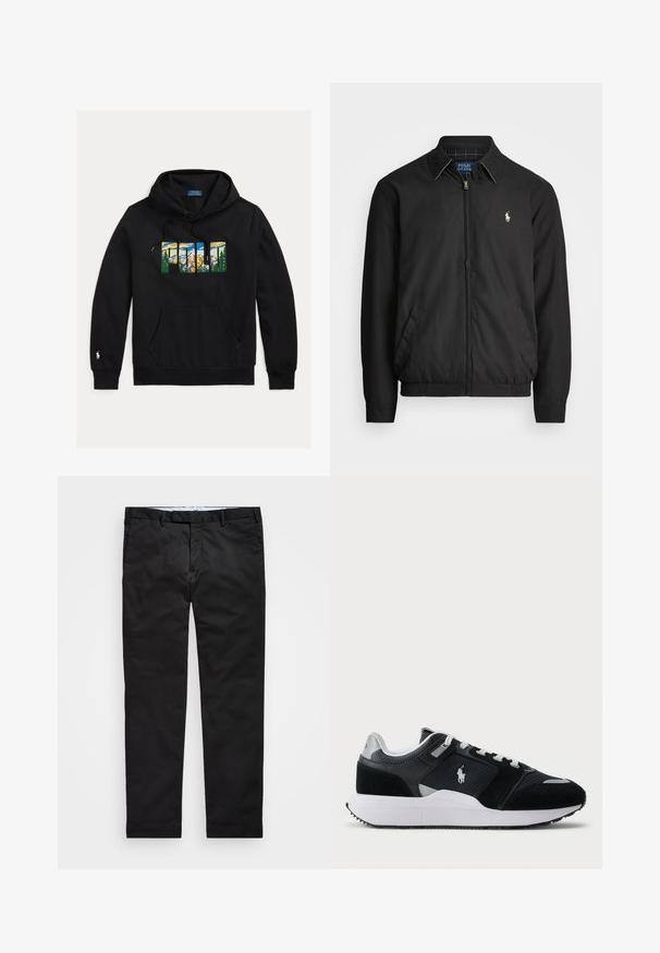 Black bomber jacket made of smooth material featuring a zip front, elastic cuffs, side pockets, and a small embroidered logo on the chest.; Polo Ralph Lauren LOGO FLEECE HOODIE - Hoodie - black; Black chinos with a straight-leg fit, made of cotton blend fabric, featuring a zip fly, belt loops, and side pockets. Smooth texture.; Black and white low-top sneaker with mesh and suede upper, white laces, white sole, and a polo player logo on the side.