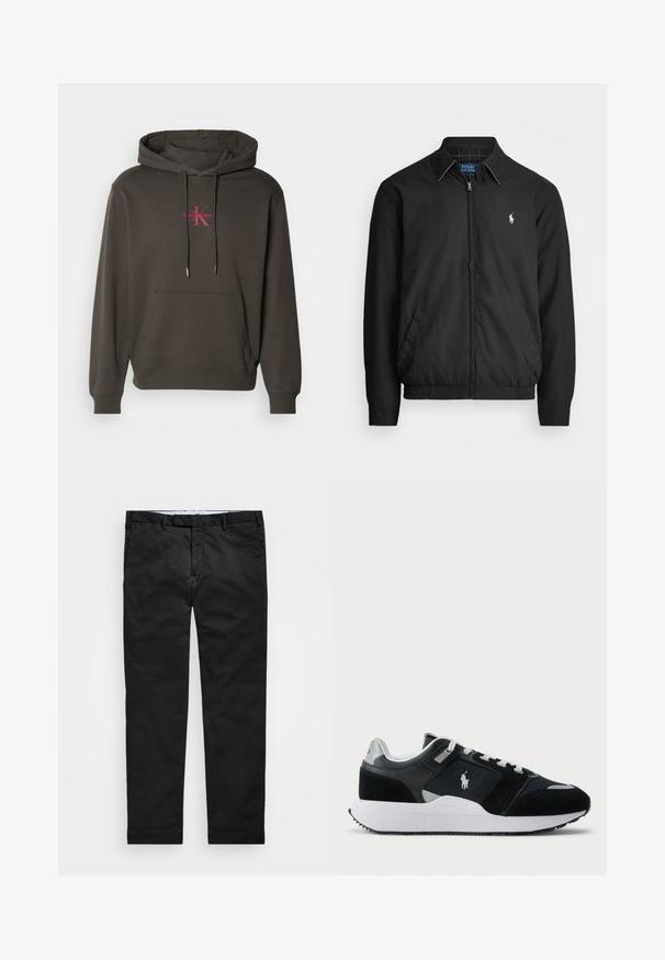 Melna bomber jaka, izgatavota no gludas auduma, ar rāvējslēdzēja priekšpusi, elastīgām piedurknēm, sānu kabatām un mazu izšūtu logotipu uz krūtīm.; Tumši pelēks kapucīša džemperis ar priekšējo kabatu, regulējamu kapuci un Calvin Klein rozā logotipu uz krūtīm. Mīksts kokvilnas materiāls.; Melnas chinos bikses ar taisnu kāju piegriezumu, izgatavotas no kokvilnas maisījuma auduma, piedāvā rāvējslēdzēja aizdari, jostas cilpas un sānu kabatas. Gluda tekstūra.; Melnas un baltas zemas tenisa kurpes ar acs un zamšādas augšdaļu, baltām auklām, baltu zoli un polo spēlētāja logo sānos.