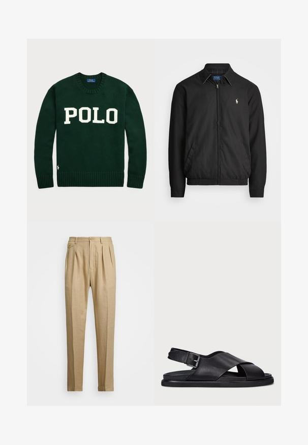Svart bomberjakke laget av glatt materiale med glidelås foran, elastiske mansjetter, sidelommer og en liten brodert logo på brystet.; Grønn strikket genser med "POLO" i store hvite bokstaver, ribbestrikkede mansjetter og hem, samt en liten logoakcent nederst til venstre.; Beige linbukser med rett snitt, med to frontfold, knappeåpning og sidelommer. Teksturt stoff med en glatt finish.; Polo Ralph Lauren ZANE LEATHER SANDAL - Sandaler - black