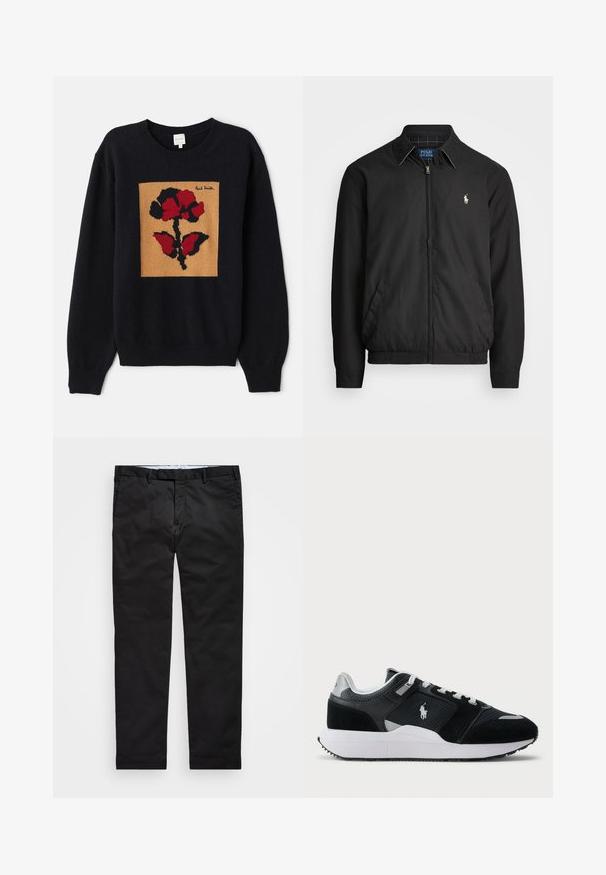 Fekete bomber dzseki sima anyagból, elülső cipzárral, rugalmas mandzsettákkal, oldalsó zsebekkel és egy kis hímzett logóval a mellen.; Fekete kötött pulóver, piros és fekete virágmintával egy bézs négyzeten. Részletezi bordás mandzsettával és nyakkal. A márkajelzés látható.; Fekete chinos, egyenes szárú fazonnal, pamut keverék anyagból készült, cipzáras zipzárral, övhurkokkal és oldalsó zsebekkel. Simaság jellemzi.; Fekete-fehér alacsony szárú sportcipő hálós és velúr felső résszel, fehér fűzőkkel, fehér talppal, és az oldalán egy polo játékos logóval.