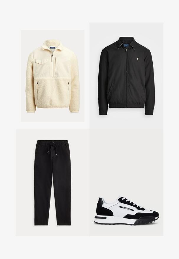 Svart bomberjakke laget av glatt materiale med glidelås foran, elastiske mansjetter, sidelommer og en liten brodert logo på brystet.; Beige fleecegenser med krage, glidelås i front, brystlomme og sidelommer. Har et teksturert, mykt stoff.; Svart bukser i en avslappet stil med elastisk midje, snøring, frontlås og sidelommer, presentert mot en enkel bakgrunn.; Sko med svart gamasj og hvit skinn-overdel, med svart gummisåle, hvite lisser og en "POLO SPORT" logo på siden.