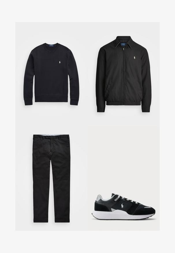 Casaco bomber preto feito de material liso, com fecho éclair à frente, punhos elásticos, bolsos laterais e um pequeno logótipo bordado no peito.; Sweatshirt preto feito de mistura de algodão, com decote redondo, mangas longas, punhos e bainha canelados, apresentando um pequeno logótipo bordado no peito.; Chinos pretos com um corte reto, feitos de tecido em mistura de algodão, apresentando fecho de zíper, passantes para cinto e bolsos laterais. Textura suave.; Sapatilha baixa em preto e branco com parte superior em malha e camurça, atacadores brancos, sola branca e um logo de jogador de polo na lateral.