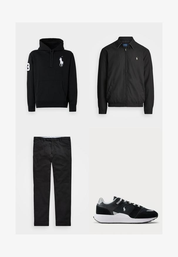Casaco bomber preto feito de material liso, com fecho éclair à frente, punhos elásticos, bolsos laterais e um pequeno logótipo bordado no peito.; Um moletom preto feito de algodão, com um bolso frontal, capuz ajustável por cordão e um logótipo de jogador de polo branco com o número 3 na manga.; Chinos pretos com um corte reto, feitos de tecido em mistura de algodão, apresentando fecho de zíper, passantes para cinto e bolsos laterais. Textura suave.; Sapatilha baixa em preto e branco com parte superior em malha e camurça, atacadores brancos, sola branca e um logo de jogador de polo na lateral.
