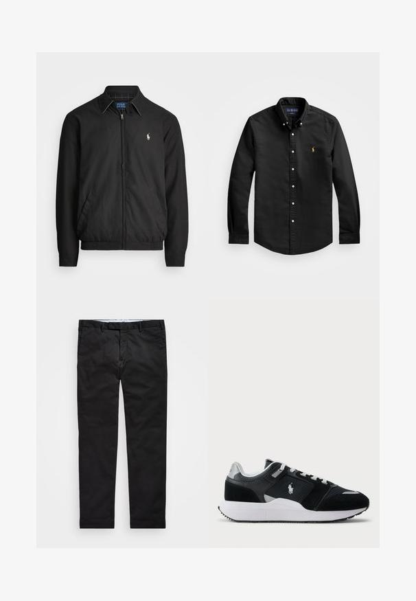 Fekete bomber dzseki sima anyagból, elülső cipzárral, rugalmas mandzsettákkal, oldalsó zsebekkel és egy kis hímzett logóval a mellen.; Fekete, hosszú ujjú, gombos ing sima pamut anyagból, klasszikus gallérral és egy kis arany logóval a bal mellen.; Fekete chinos, egyenes szárú fazonnal, pamut keverék anyagból készült, cipzáras zipzárral, övhurkokkal és oldalsó zsebekkel. Simaság jellemzi.; Fekete-fehér alacsony szárú sportcipő hálós és velúr felső résszel, fehér fűzőkkel, fehér talppal, és az oldalán egy polo játékos logóval.
