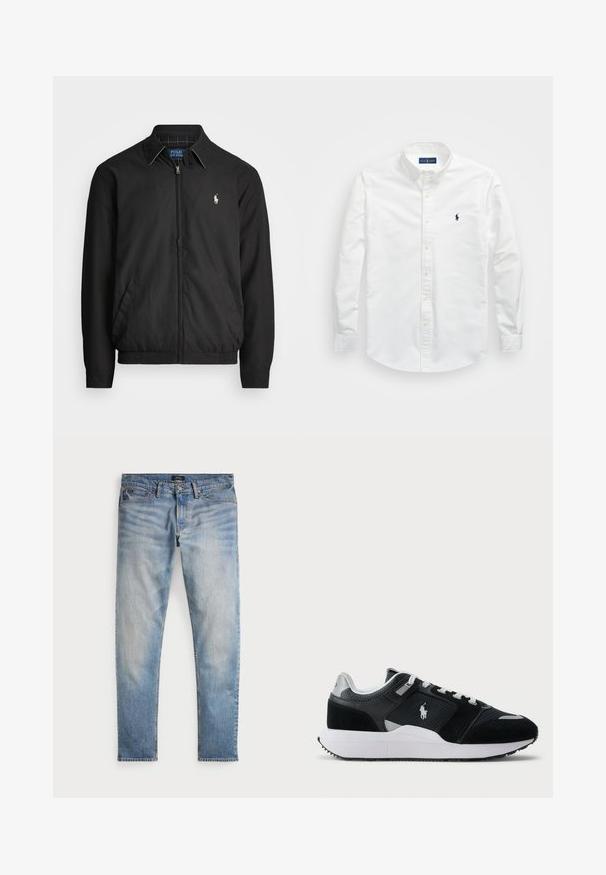 Črna bomberska jakna iz gladkega materiala z zadrgo spredaj, elastičnimi manšetami, stranskimi žepi in majhno vezeno oznako na prsih.; Bela srajca z gumbi, izdelana iz bombaža. Ima ostro ovratnik, dolge rokave in majhen mornarsko modri logotip na prsih. Gladka tekstura.; Svjetloplave traperice s izblijedjelim završetkom, dizajn s pet džepova i kontrastnim šavovima. Imaju patentni zatvarač i petlju za pojas. Ravnog su kroja.; Črno-bela nizka superga z zgornjim delom iz mrežice in usnja, belimi vezalkami, belo podplatom in logotipom igralca polo na strani.