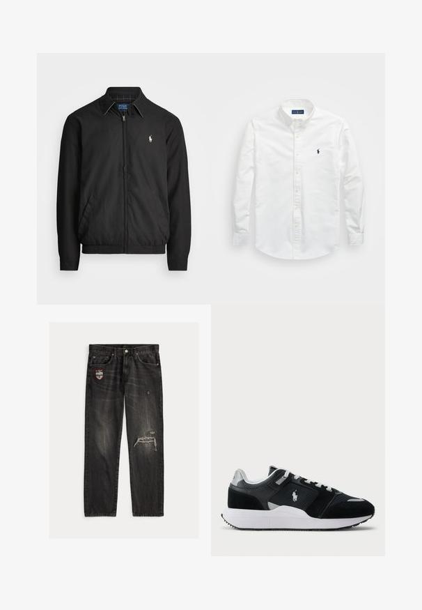 Černá bomber bunda vyrobená z hladkého materiálu, se zipem vpředu, elastickými manžetami, bočními kapsami a malým vyšitým logem na hrudi.; Bílé košile na knoflíky vyrobené z bavlny. Má špičatý límec, dlouhé rukávy a malé námořnické logo na hrudi. Hladká textura.; Černé džíny z denimu s rovnými nohavicemi, opotřebovanými detaily a náplastí na levé kapse. Má viditelné švy a vybledlou texturu.; Černobílé nízké tenisky s vrchní částí z síťoviny a semiše, bílé tkaničky, bílá podešev a logo póla na boku.