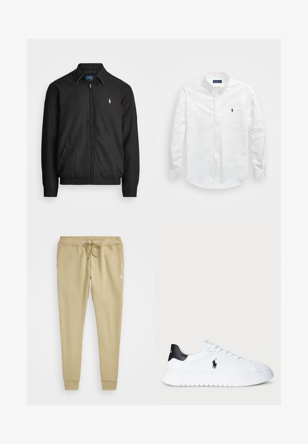 Juodas bombonešis, pagamintas iš lygios medžiagos, su užtrauktuku priekyje, elastingomis rankogaliais, šalutinėmis kišenėmis ir maža siuvinėta logotipu ant krūtinės.; Balta marškiniai su mygtukais, pagaminti iš medvilnės. Turi smailų apykaklę, ilgus rankovius ir nedidelį tamsiai mėlyną logotipą ant krūtinės. Lygus tekstūra.; Polo Ralph Lauren DOUBLE-KNIT JOGGER PANT - Treningo apatinė dalis - classic khaki; Balti žemesnio profilio sportiniai bateliai su juodu kulno užtrauktuku ir juodu Polo Ralph Lauren logotipu šone, su baltais raišteliais ir storu guminiu padu.