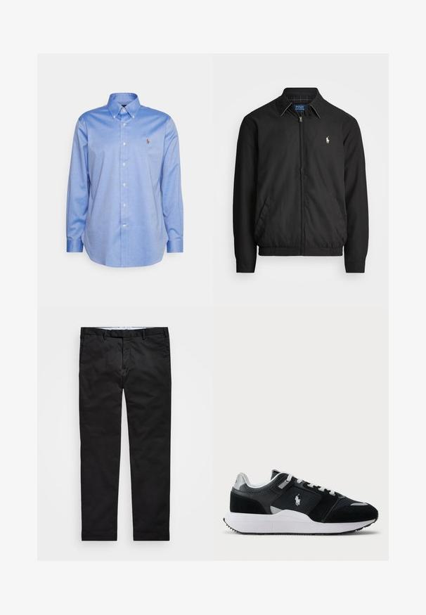 Musta bomber-takki, joka on valmistettu sileästä materiaalista ja jossa on vetoketjukiinnitys, joustavat hihansuut, sivutaskut ja pieni brodeerattu logo rinnassa.; Vaaleansininen nappikauluspaita, jossa pitkät hihat ja pieni logo vasemmassa rinnassa. Valmistettu sileästä puuvillakankaasta.; Mustat chinot, joissa on suora lahje, valmistettu puuvillasekoitekankaasta, jossa on vetoketjusuljenta, vyölenkit ja sivutaskut. Tasainen ja sileä pinta.; Musta ja valkoinen matala sneaker, jossa on verkko- ja mokkanahka yläosa, valkoiset nauhat, valkoinen pohja ja ratsastajalogolla varustettu sivu.
