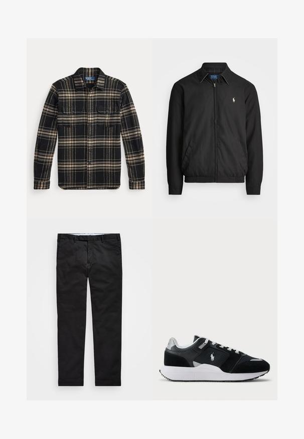 Casaco bomber preto feito de material liso, com fecho éclair à frente, punhos elásticos, bolsos laterais e um pequeno logótipo bordado no peito.; Camisa de flanela xadrez preta e castanha, com mangas compridas, dois bolsos no peito e fecho de botões, apresenta textura suave e padrões contrastantes.; Chinos pretos com um corte reto, feitos de tecido em mistura de algodão, apresentando fecho de zíper, passantes para cinto e bolsos laterais. Textura suave.; Sapatilha baixa em preto e branco com parte superior em malha e camurça, atacadores brancos, sola branca e um logo de jogador de polo na lateral.
