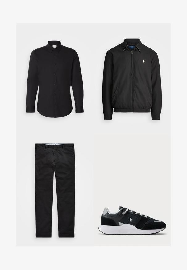 Zwarte bomberjack van glad materiaal met een rits aan de voorkant, elastische manchetten, zijzakken en een klein geborduurd logo op de borst.; Zwarte lange mouwen shirt gemaakt van een gladde stof, voorzien van een puntige kraag, knoopsluiting aan de voorkant en een subtiel logo op de borst.; Zwarte chinos met een rechte pasvorm, gemaakt van een katoenmix stof, met een ritsfly, riemlussen en zijzakken. Glad textuur.; Zwart-wit lage sneaker met bovenwerk van mesh en suede, witte veters, witte zool en een polo speler logo aan de zijkant.