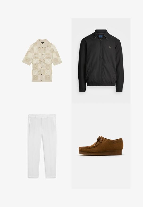 Zwarte bomberjack van glad materiaal met een rits aan de voorkant, elastische manchetten, zijzakken en een klein geborduurd logo op de borst.; Beige korteblouse met geknitte ruitpatroon. Voorzien van een kraag, twee voorkeurszakken en bruine knopen. Zachte textuur.; Witte oversized katoenen T-shirt met een ronde hals, korte mouwen en een label dat in de hals is genaaid. Soepele textuur, minimalistisch ontwerp.; Witte linnen broek met een rechte snit, voorzien van twee zijzakken en een knoopsluiting. Soepele textuur, zonder zichtbare patronen of accenten.; Bruine suède schoen met een ronde neus en een lage hak, gedetailleerde stiksels langs de naden en een vetersluiting aan de voorkant. Zachte textuur met een gestroomlijnd ontwerp.