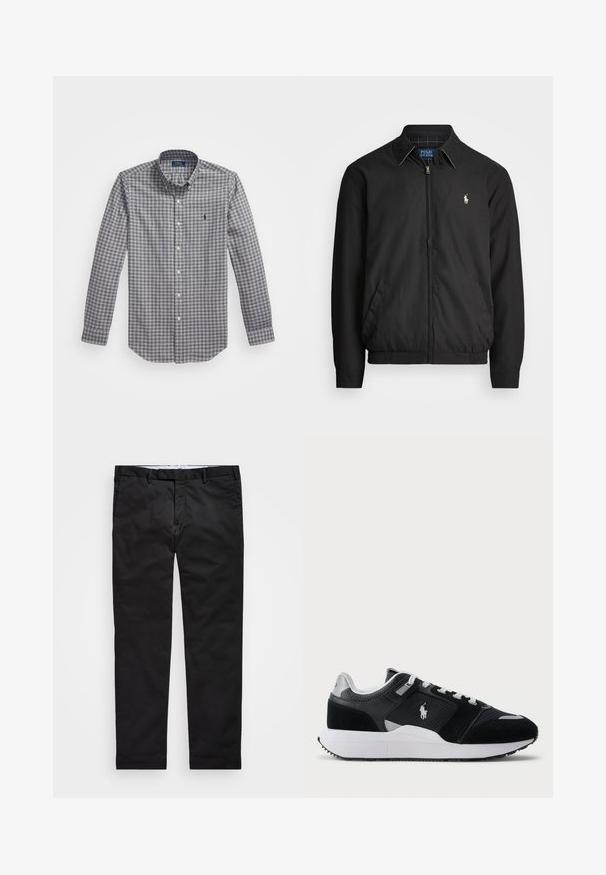 Svart bomberjakke laget av glatt materiale med glidelås foran, elastiske mansjetter, sidelommer og en liten brodert logo på brystet.; Langermet skjorte med knapper i grå og hvit rutete mønster, knappet krage, frontknapper, og liten brodert logo på brystet.; Sorte chinos med rett ben, laget av bomullsblanding, med glidelås, beltehemper og sidelommer. Glatt tekstur.; Svart-hvitt low-top sneaker med mesh og semsket skinn på overdelen, hvite snørebånd, hvit såle, og en polo-spiller logo på siden.