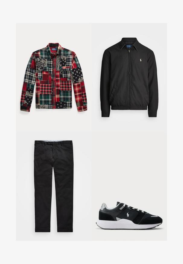 Czarna kurtka bombowiec wykonana z gładkiego materiału, z zamkiem z przodu, elastycznymi mankietami, kieszeniami bocznymi i małym haftowanym logo na klatce piersiowej.; Koszula zapinana na guziki typu patchwork, z różnymi wzorami w kratę w kolorach czerwonym, zielonym, czarnym i białym, z akcentami paisley oraz wieloma kieszeniami.; Czarne chinosy o prostym kroju, wykonane z mieszanki bawełny, z zapięciem na zamek, szlufkami na pasek i kieszeniami bocznymi. Gładka tekstura.; Czarno-białe niskie trampki z siateczkowym i zamszowym wierzchem, białymi sznurówkami, białą podeszwą oraz logo zawodnika polo z boku.