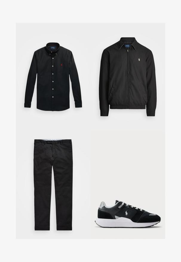 Juodas bombonešis, pagamintas iš lygios medžiagos, su užtrauktuku priekyje, elastingomis rankogaliais, šalutinėmis kišenėmis ir maža siuvinėta logotipu ant krūtinės.; Juodas marškinis su apykakle, su baltomis sagomis ir mažyčiu raudonu siuvinėtu logotipu kairėje krūtinės pusėje. Pagamintas iš medvilnės.; Juodos kelnės su tiesiomis kojomis, pagamintos iš medvilnės ir poliesterio mišinio, su užtrauktuku, diržo kilputėmis ir šoninėmis kišenėmis. Lygus paviršius.; Juoda ir balta žema sneakeris su tinklo ir zomšos viršumi, baltais raišteliais, balta pado dalimi ir polo žaidėjo logotipu šone.