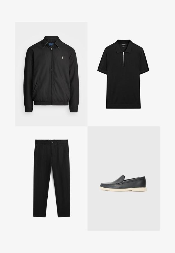 Svart bomberjacka i slätt material med dragkedja fram, elastiska ärmmuddar, sidofickor och en liten broderad logotyp på bröstet.; Svart kortärmad pikétröja med ståkrage och frontdragkedja. Tillverkad av ett mjukt tyg med en ren, minimalistisk design.; Svarta bomullsbyxor med rak passform, med knäppning fram, bälteshämpare och två sidofickor. Slät textur och minimalistisk design.; Svarta läder slip-on loafers med en texturerad yta och en kontrasterande beige gummisula. Har en subtil accent längs fram.