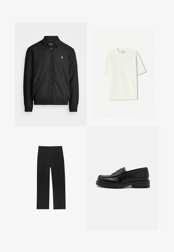 Crna bomber jakna od glatkog materijala s patentnim zatvaračem sprijeda, elastičnim rukavima, bočnim džepovima i malim izvezenim logotipom na prsima.; Bijela oversized pamučna majica s okruglim izrezom, kratkim rukavima i oznakom ušivenom u izrez. Glatka tekstura, minimalistički dizajn.; Crne hlače ravnog kroja, izrađene od glatkog materijala. Imaju prednje nabore i jedan dugme na struku.; Crne kožne mokasine s teksturiranim završetkom, koje imaju dekorativnu traku, zaobljen nos i debeli, robusni đon.